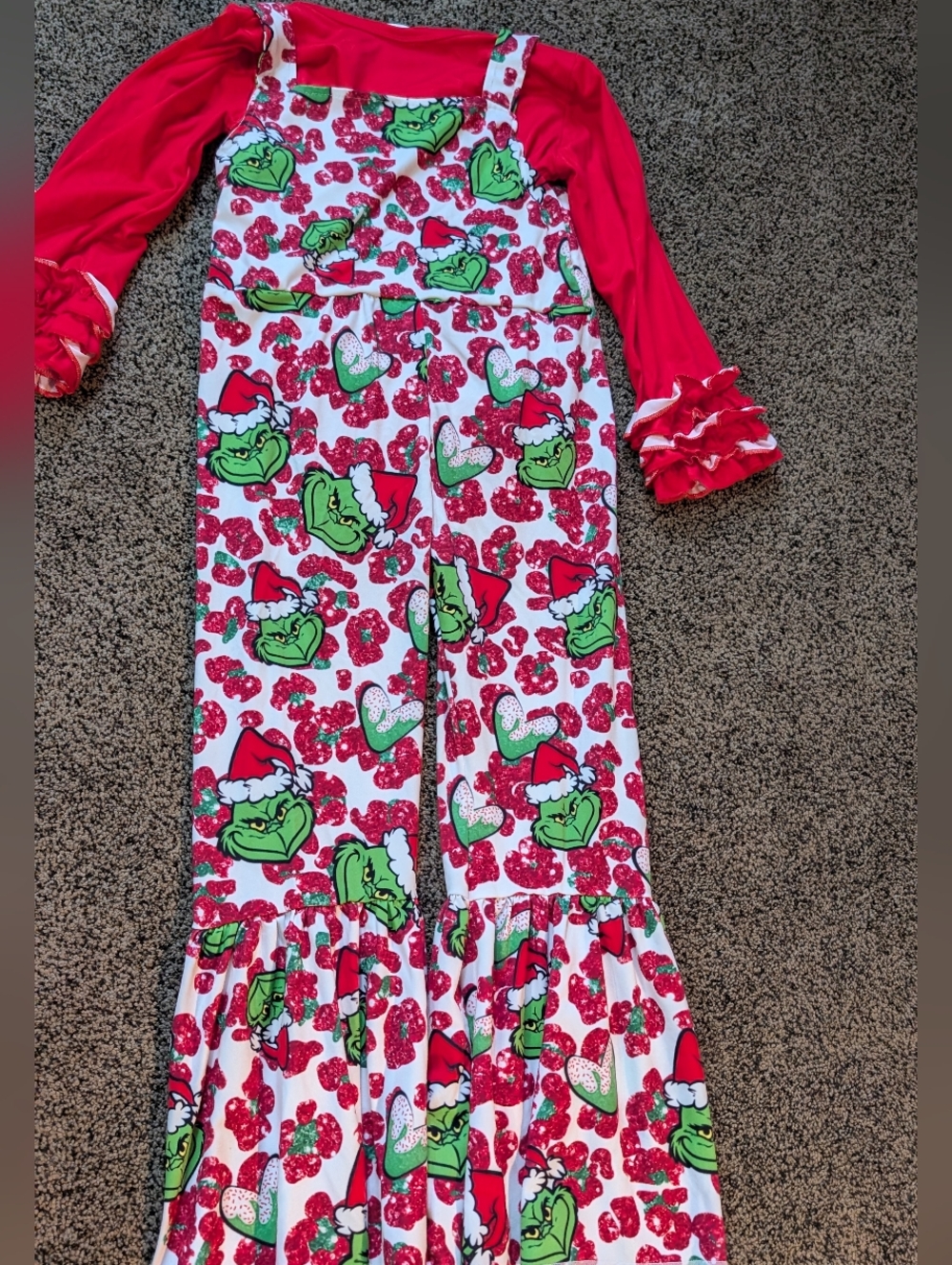Girls Holiday Grinch Print Ruffle Overalls